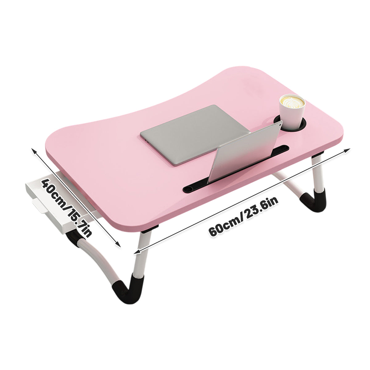 Pink Overbed Tray Table with W-Legs and Drawer