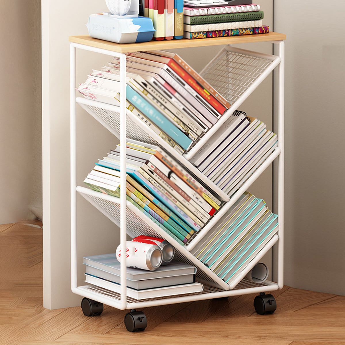 Compact Rolling Bookcase with Countertop Top