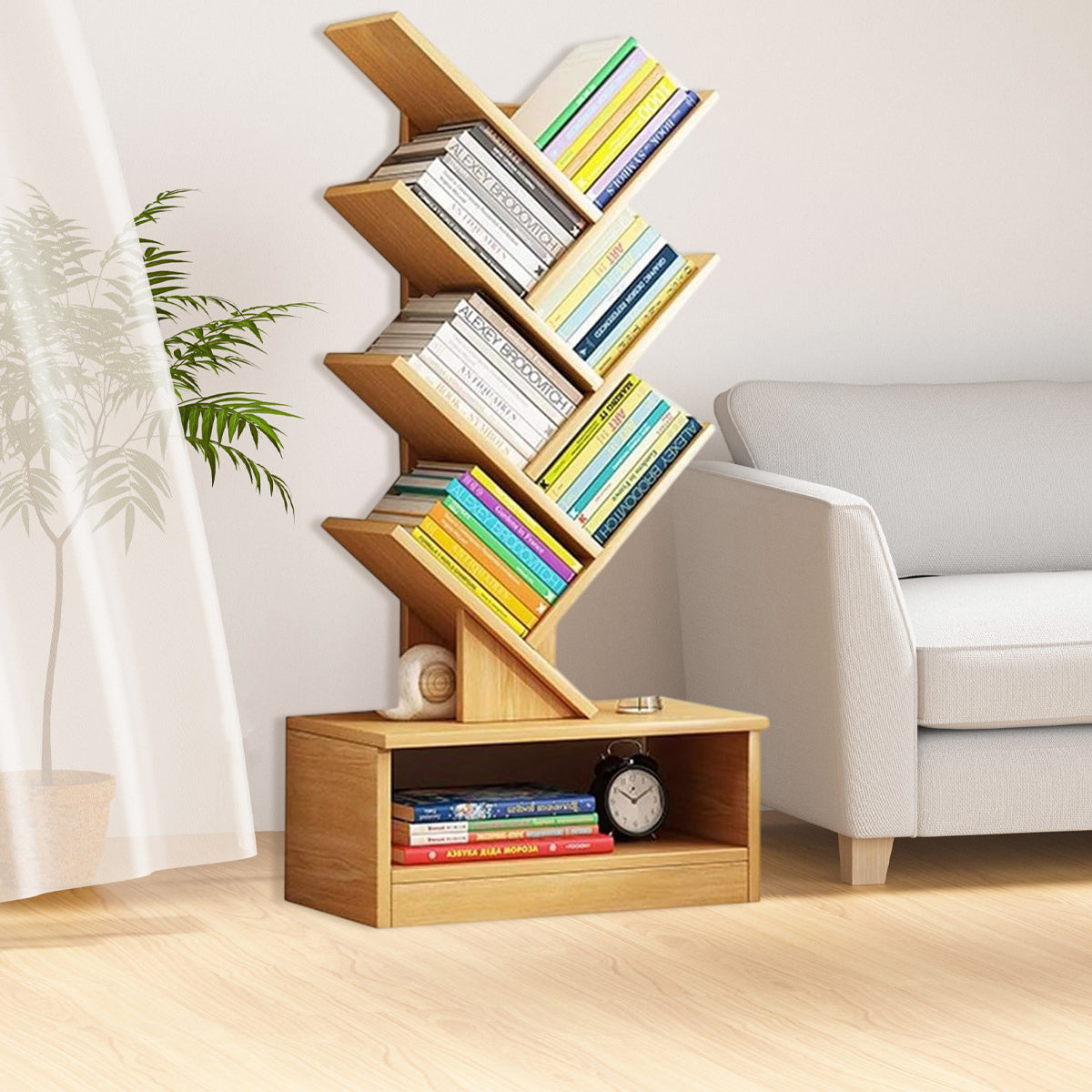 Tree-Inspired Wood Bookcase with 8 Layered Shelves