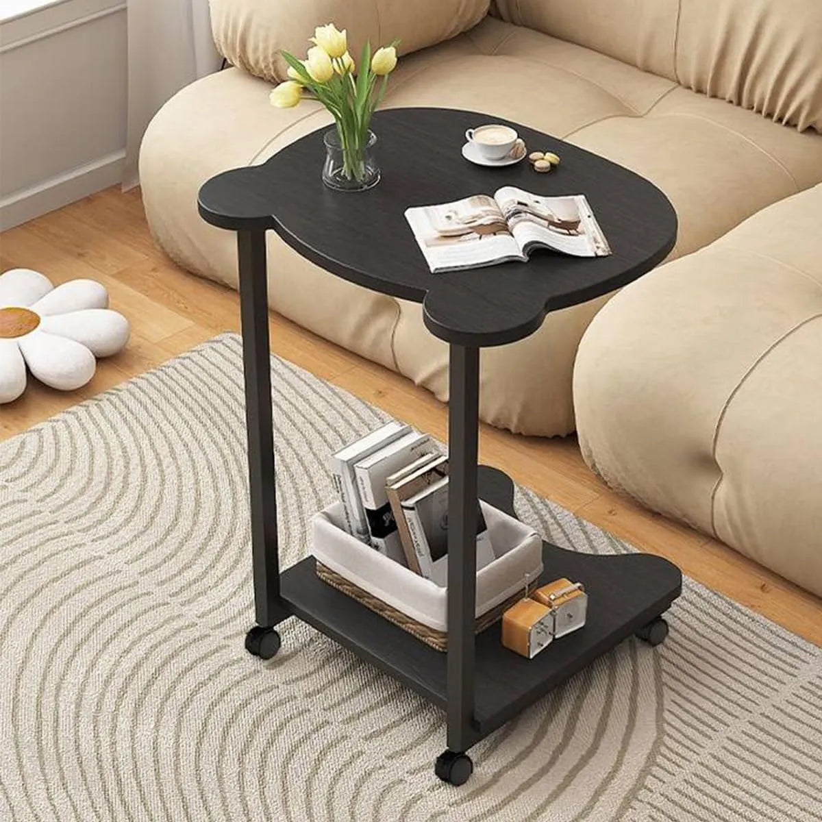 Black Curved Side Table with Two Tiers and Handles