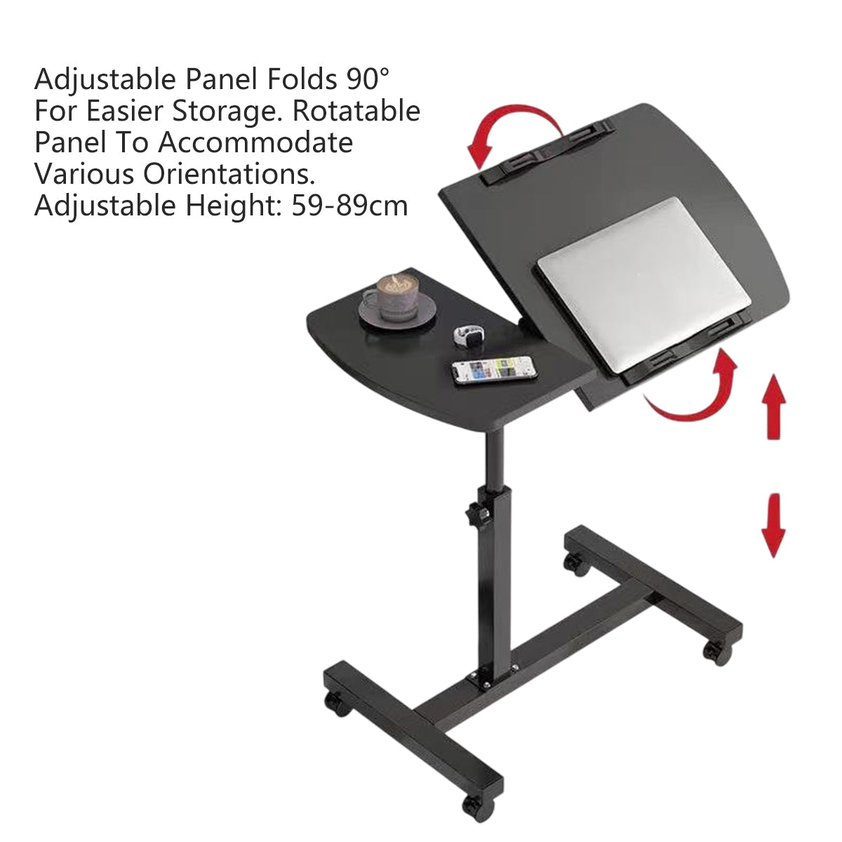 Rolling Bedside Tray Table with 90-Degree Top