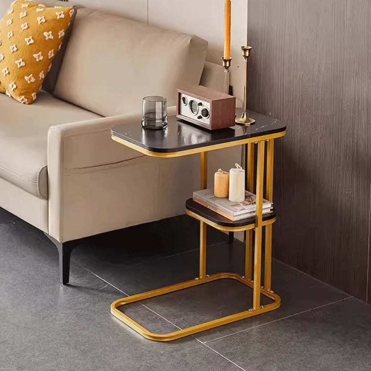 Two-Tier End Table with Marble Top Gold Frame