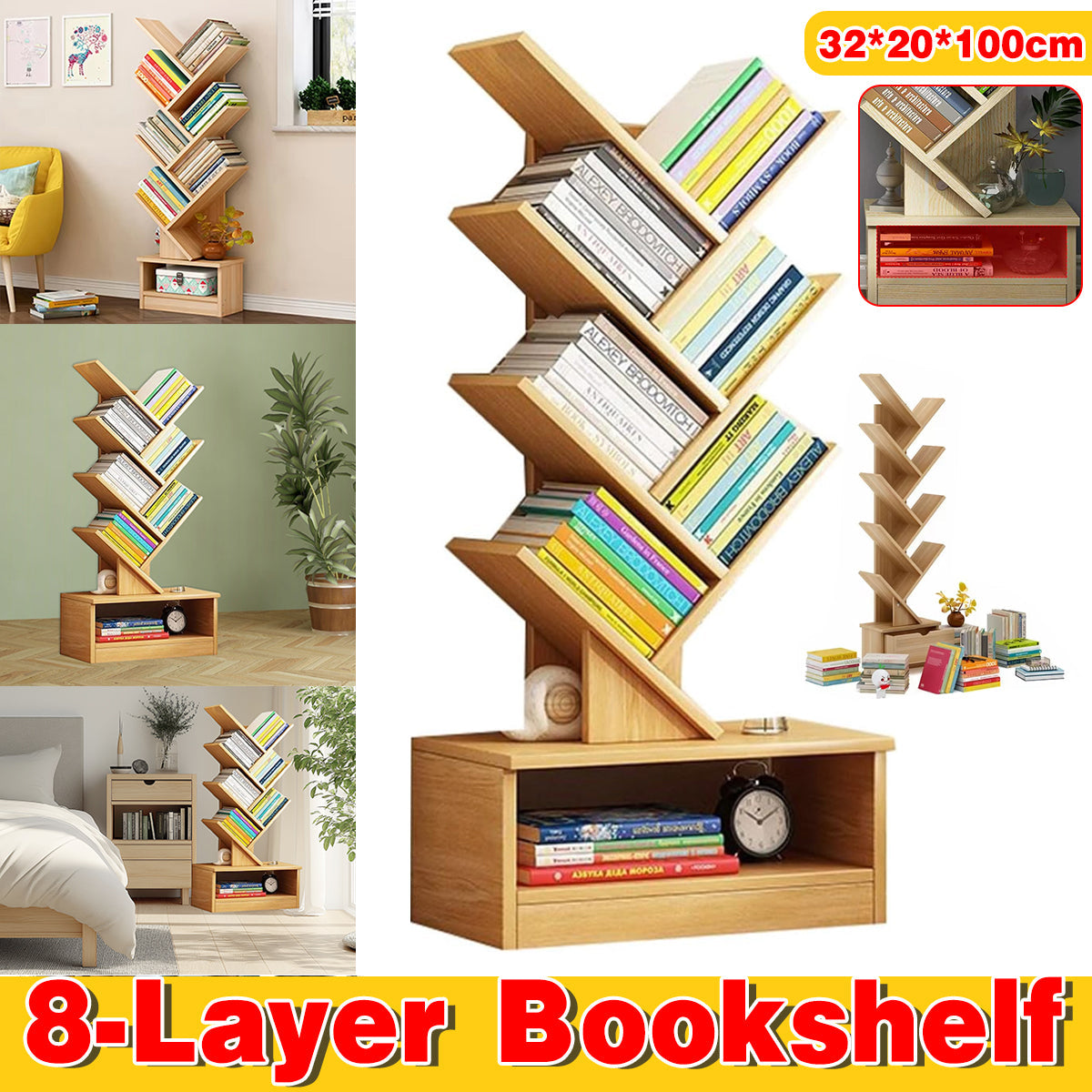 Tree-Inspired Wood Bookcase with 8 Layered Shelves