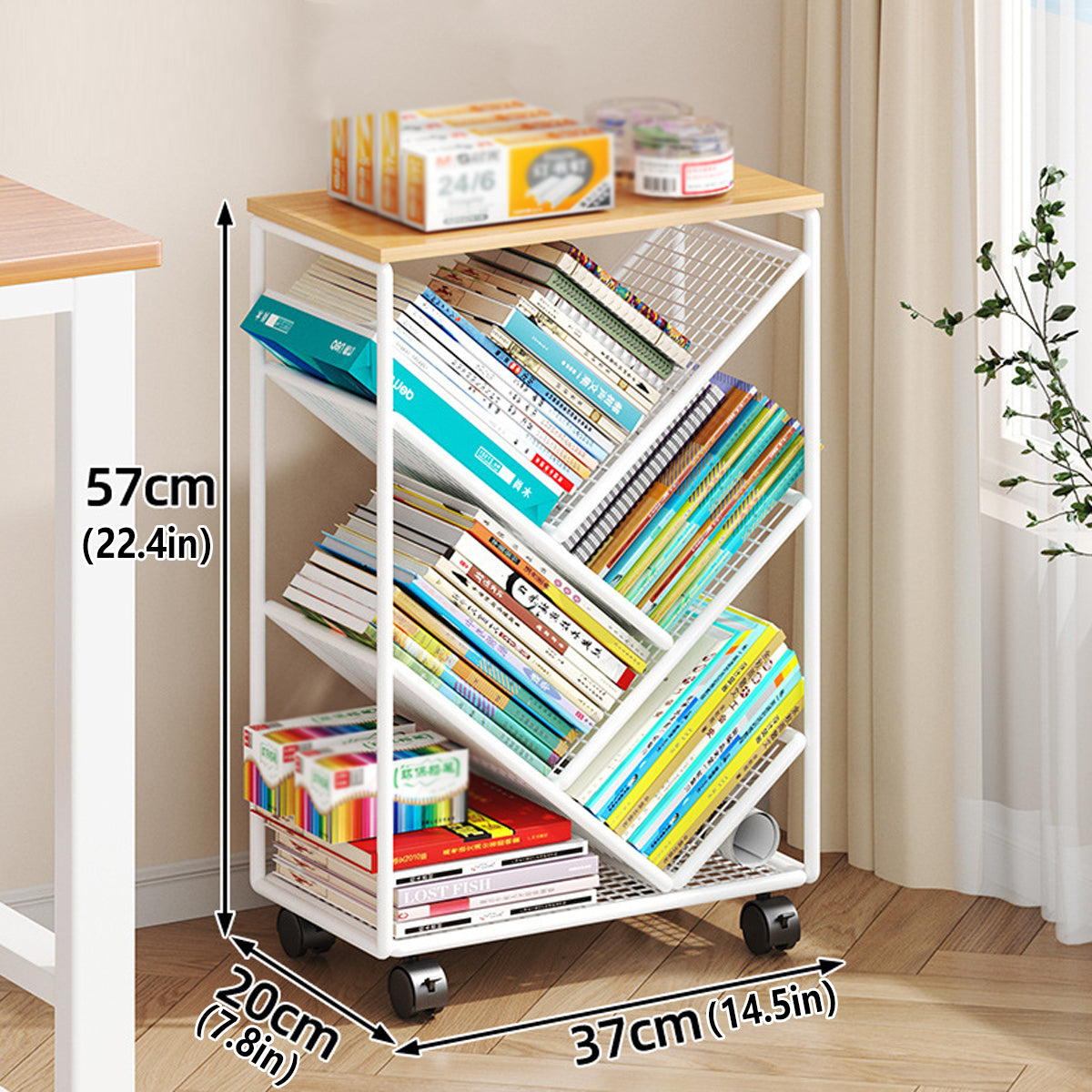 Compact Rolling Bookcase with Countertop Top
