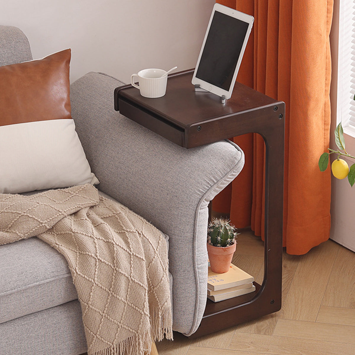 Solid Wood C-Shape Coffee Table with Drawer
