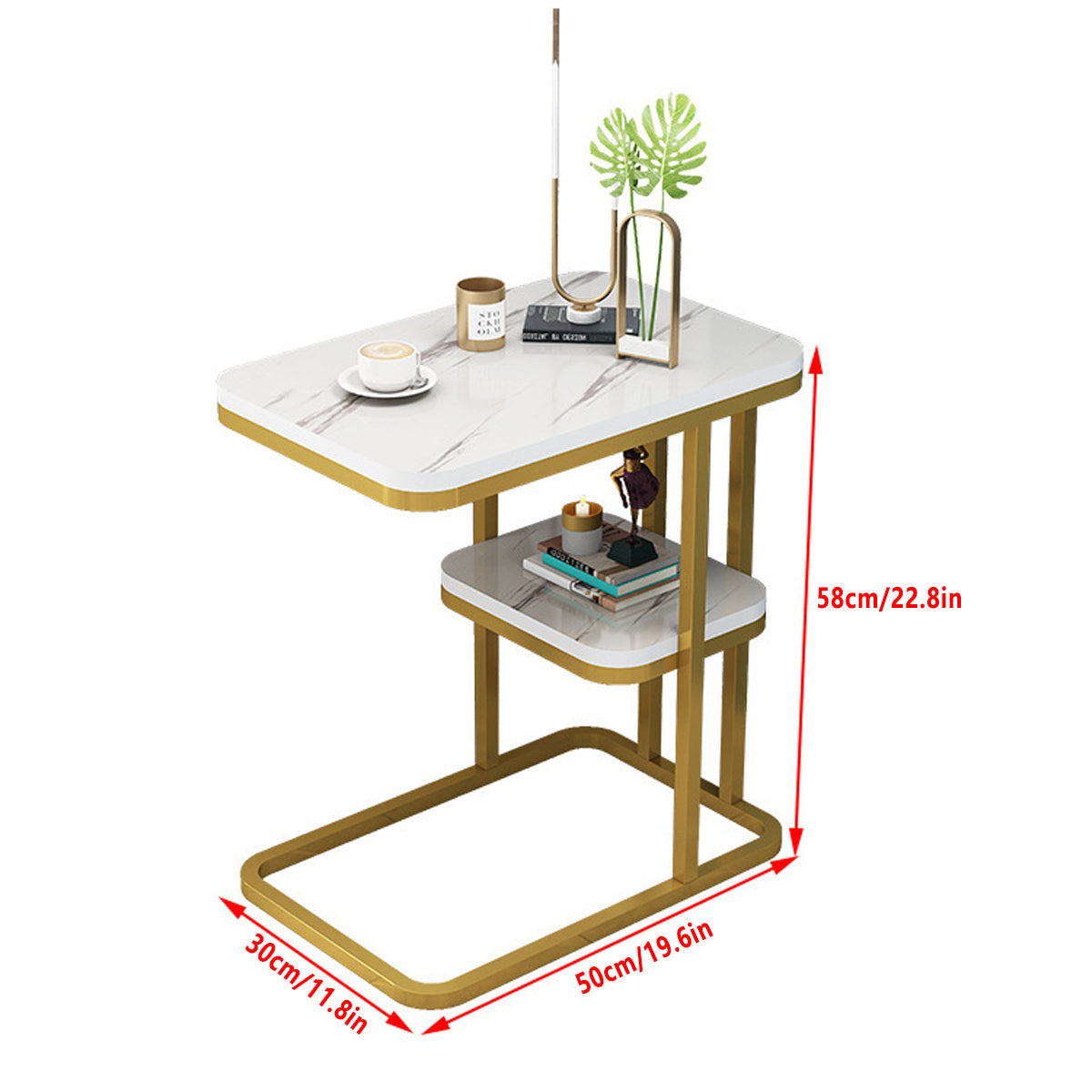 Two-Tier Sofa Side Table with Marble Look Top