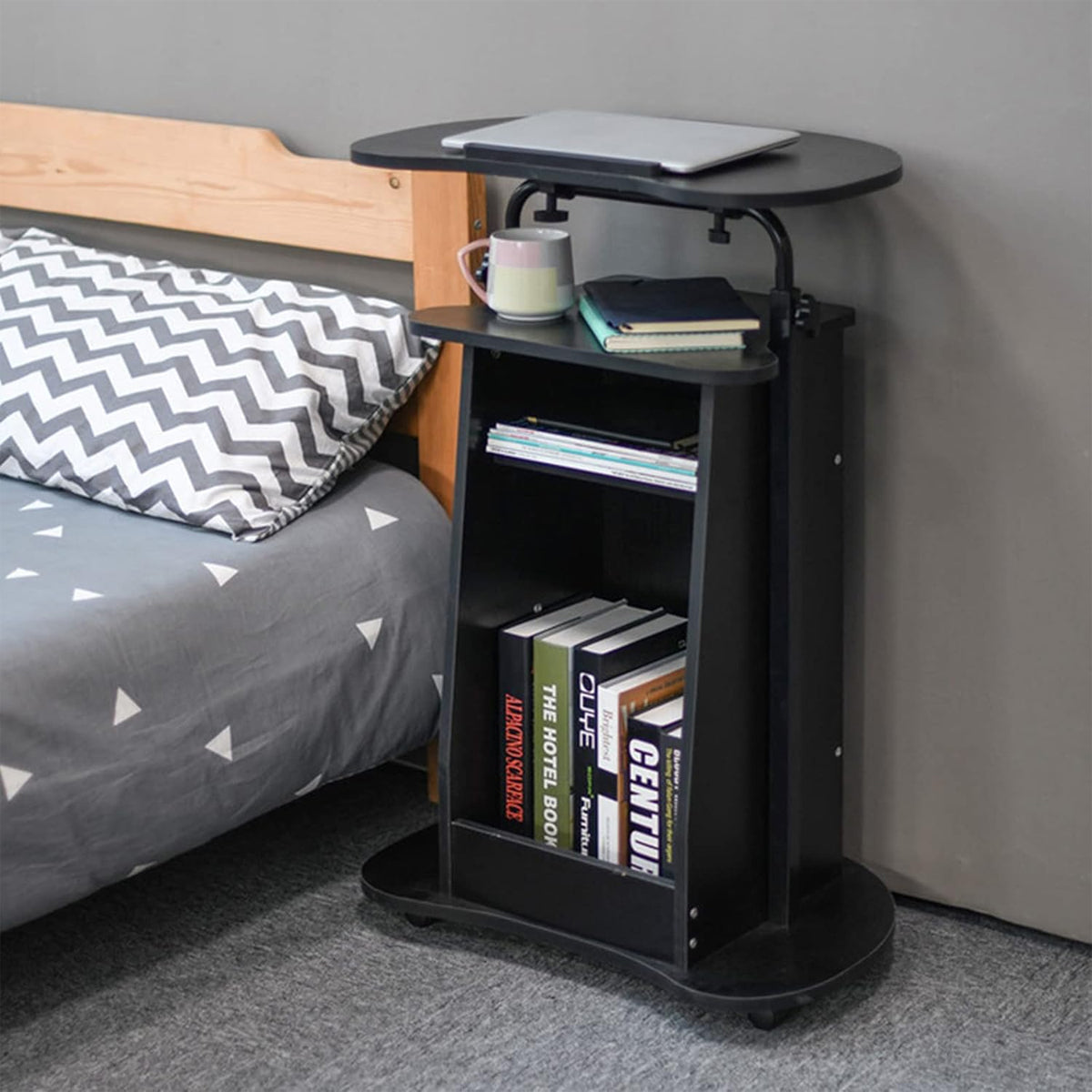 Rolling Side Table with Tilt Top and Lower Cabinet