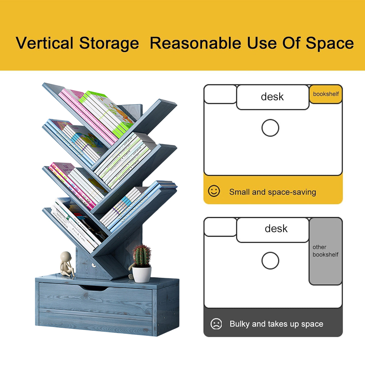 Tree-Shape Wood Bookcase with Slanted Shelves