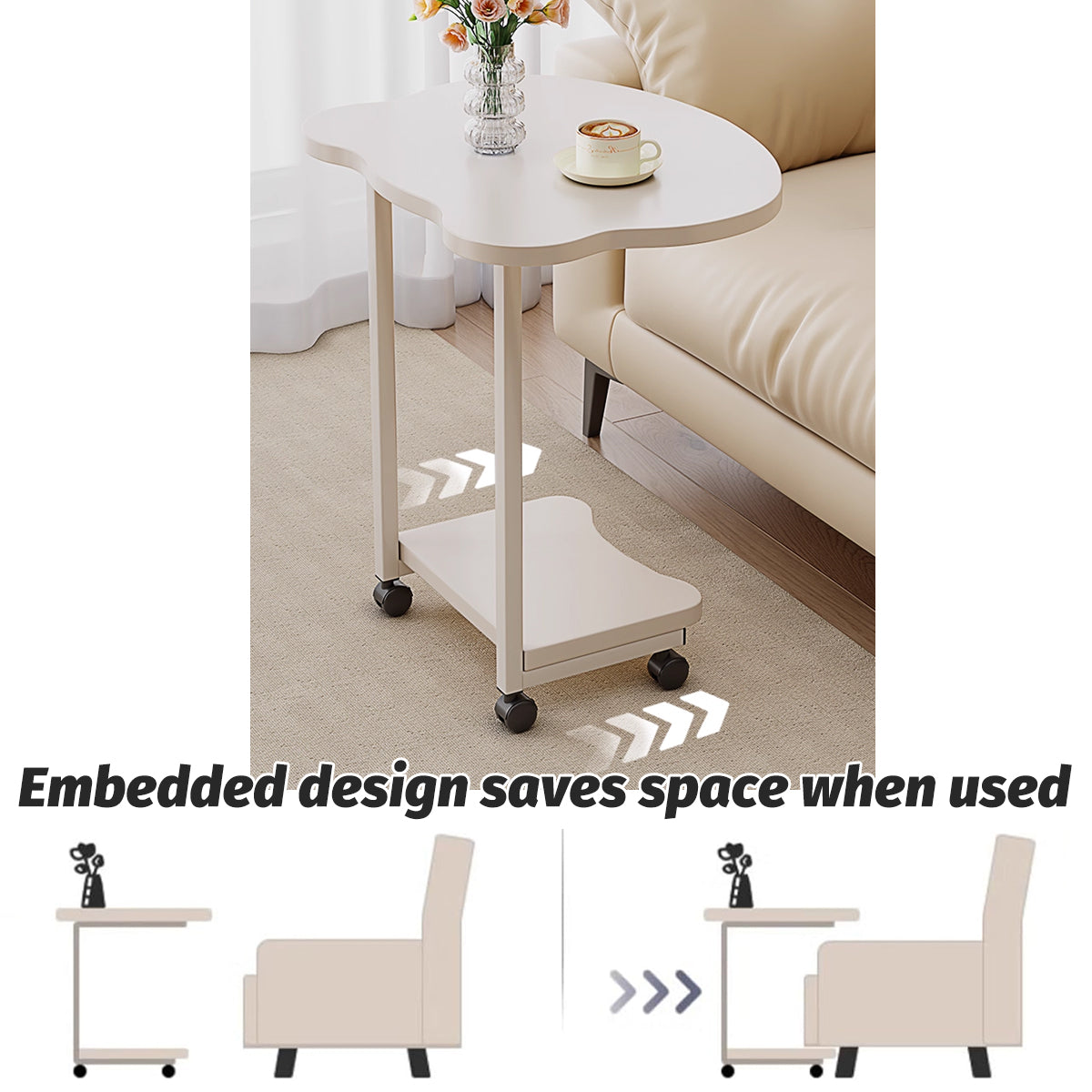 Embedded Sofa Side Table with Rolling Wheels