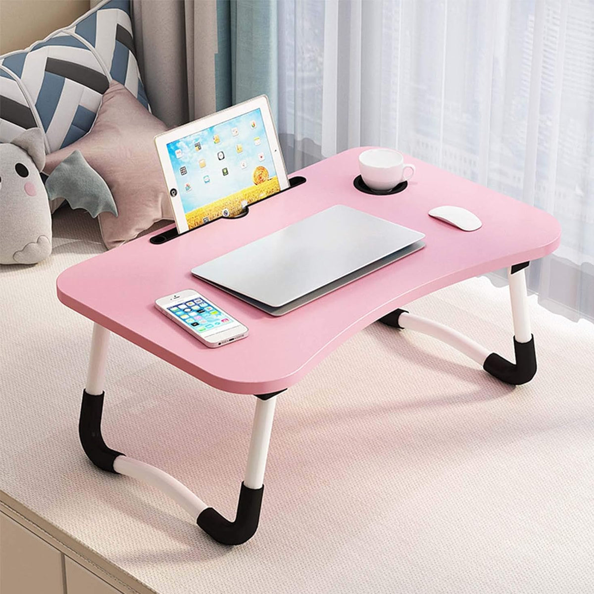 Pink Overbed Tray Table with W-Legs and Drawer