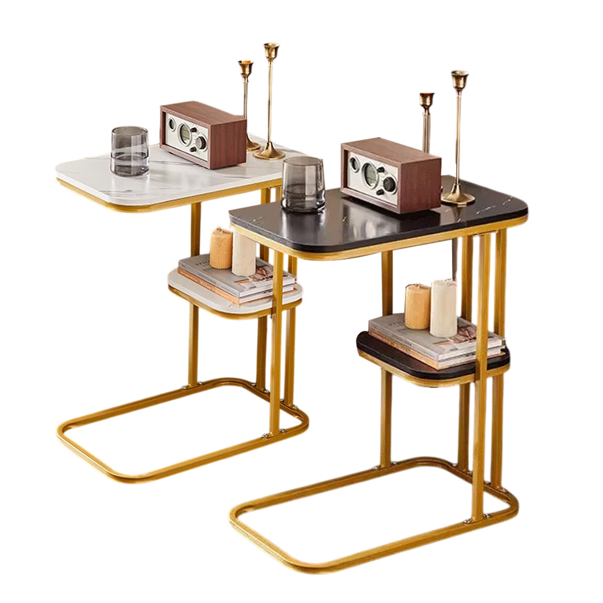 Two-Tier End Table with Marble Top Gold Frame