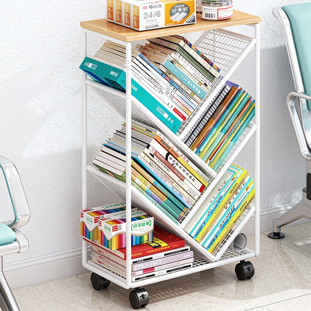 Compact Rolling Bookcase with Countertop Top