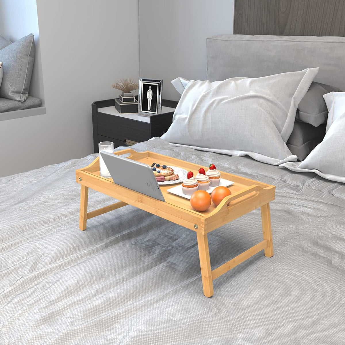 Bamboo Bed Tray Table with Legs and Card Slot