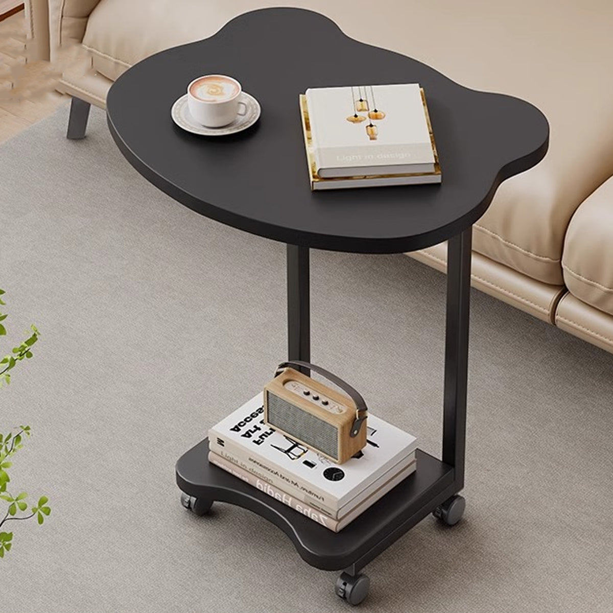 Black Curved Side Table with Two Tiers and Handles