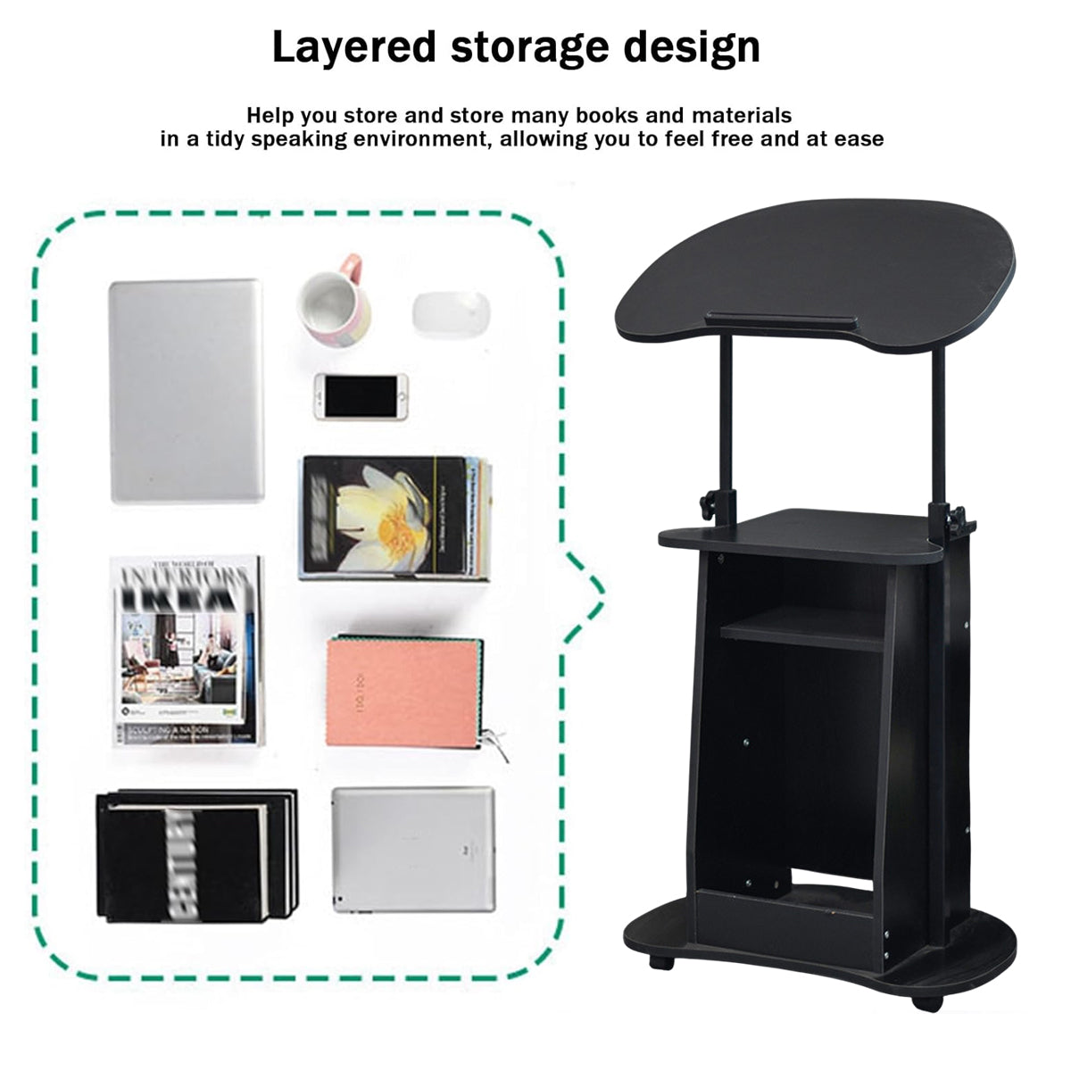 Rolling Side Table with Tilt Top and Lower Cabinet