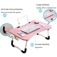 Pink Overbed Tray Table with W-Legs and Drawer