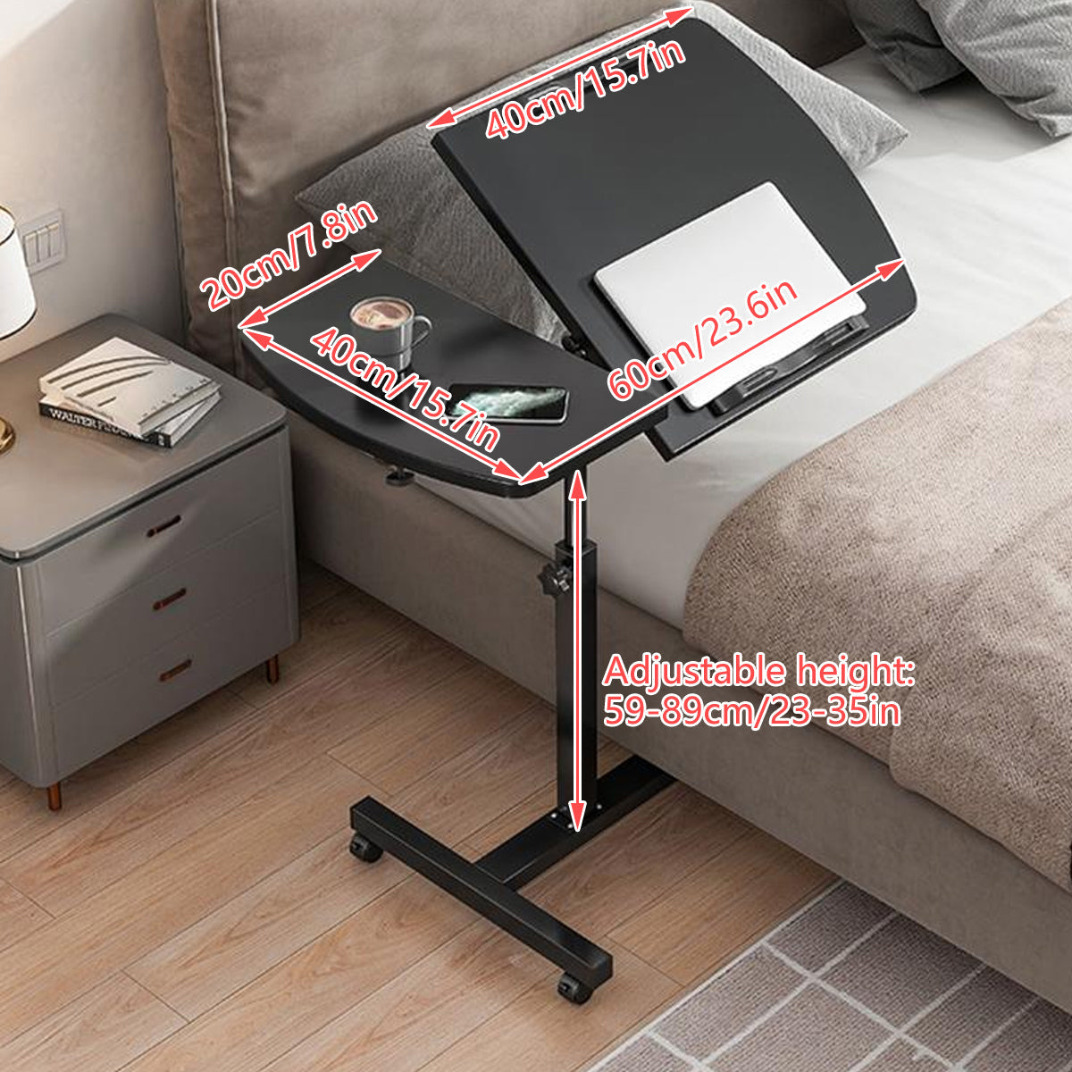 Rolling Bedside Tray Table with 90-Degree Top