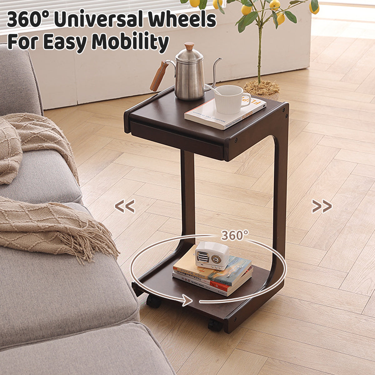 Solid Wood C-Shape Coffee Table with Drawer