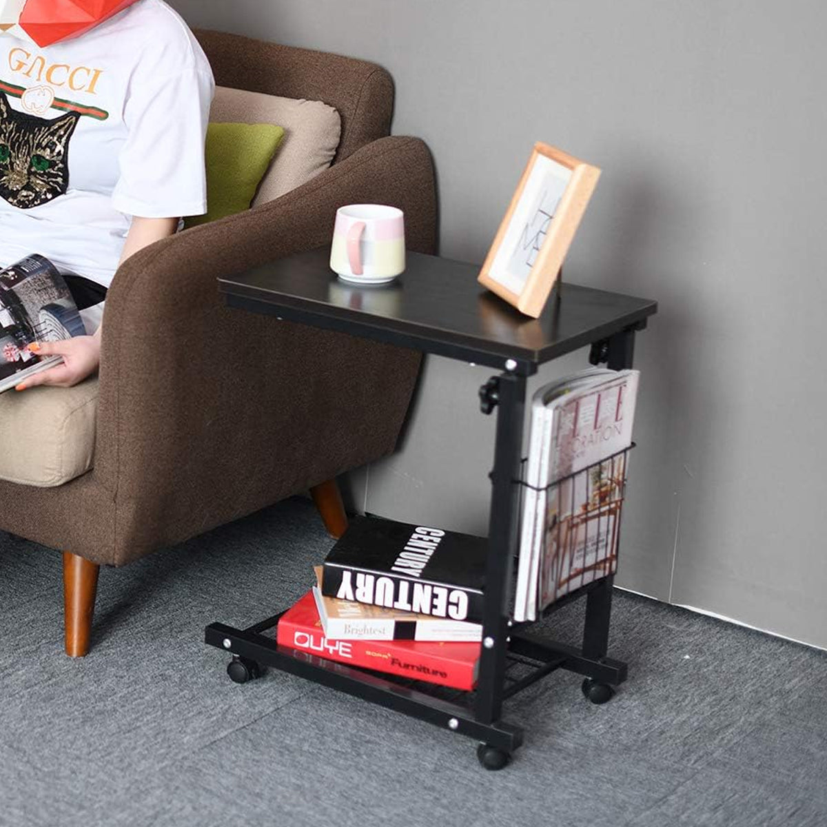 Rolling Side Table with Steel Frame and Basket