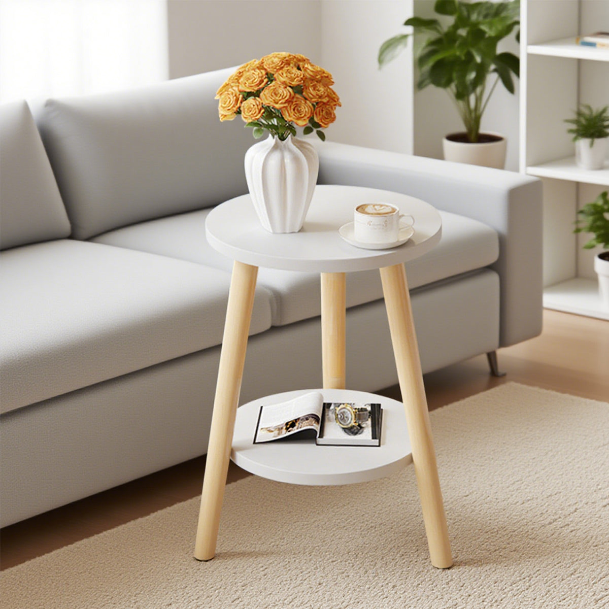 Nordic 2-Tier Round Side Table with Wood Legs