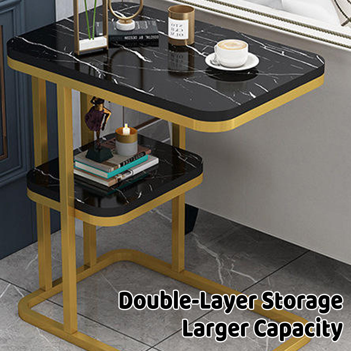 Two-Tier End Table with Marble Top Gold Frame