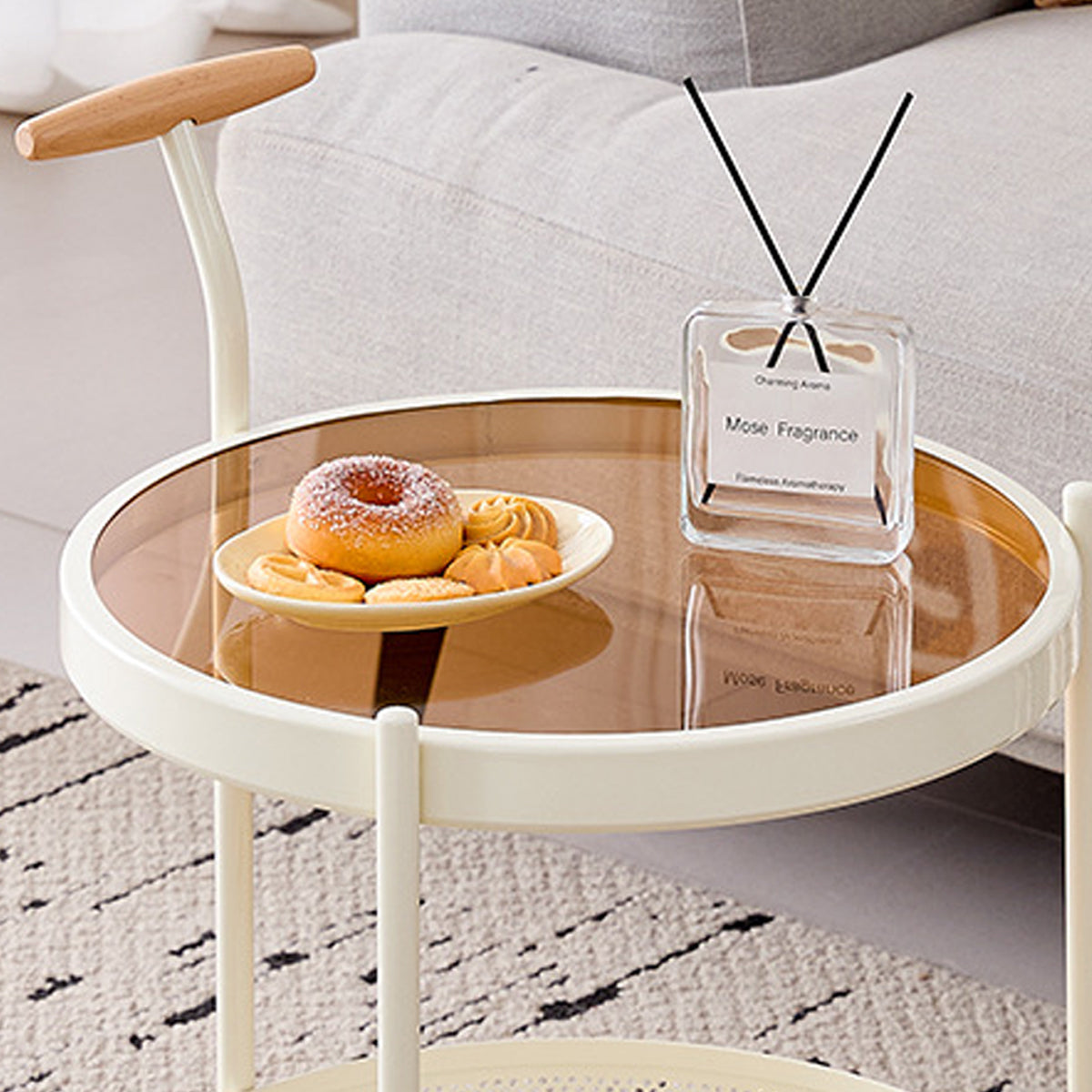 Glass Top Rolling Side Table with Mesh Lower Shelf