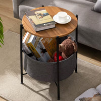 Round Side Table with Basket and Wood Top