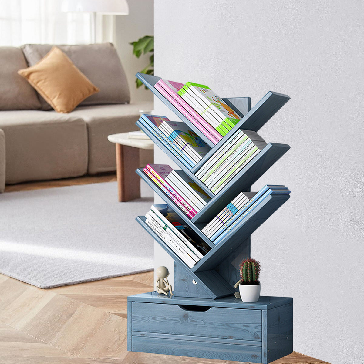 Tree-Shape Wood Bookcase with Slanted Shelves