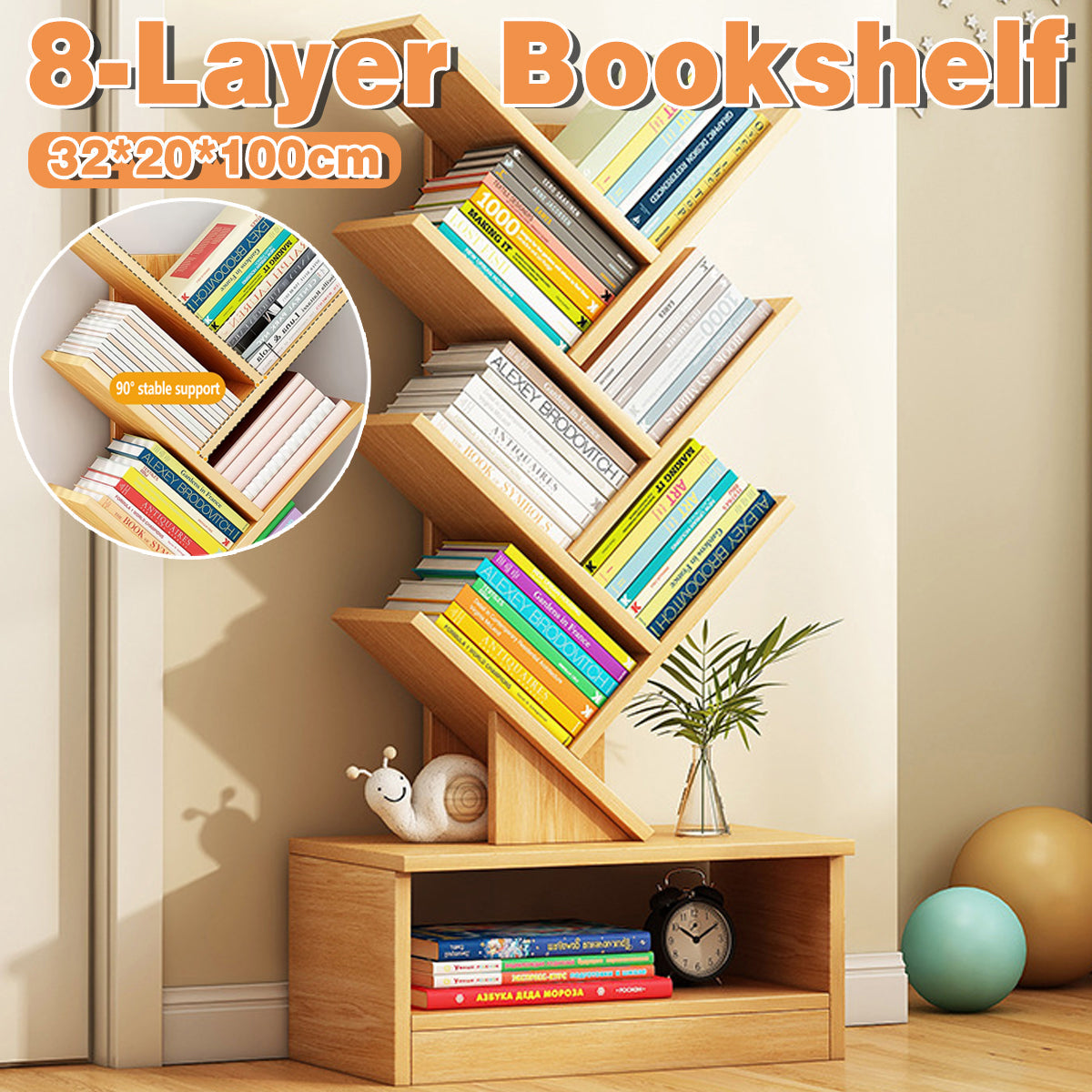Tree-Inspired Wood Bookcase with 8 Layered Shelves