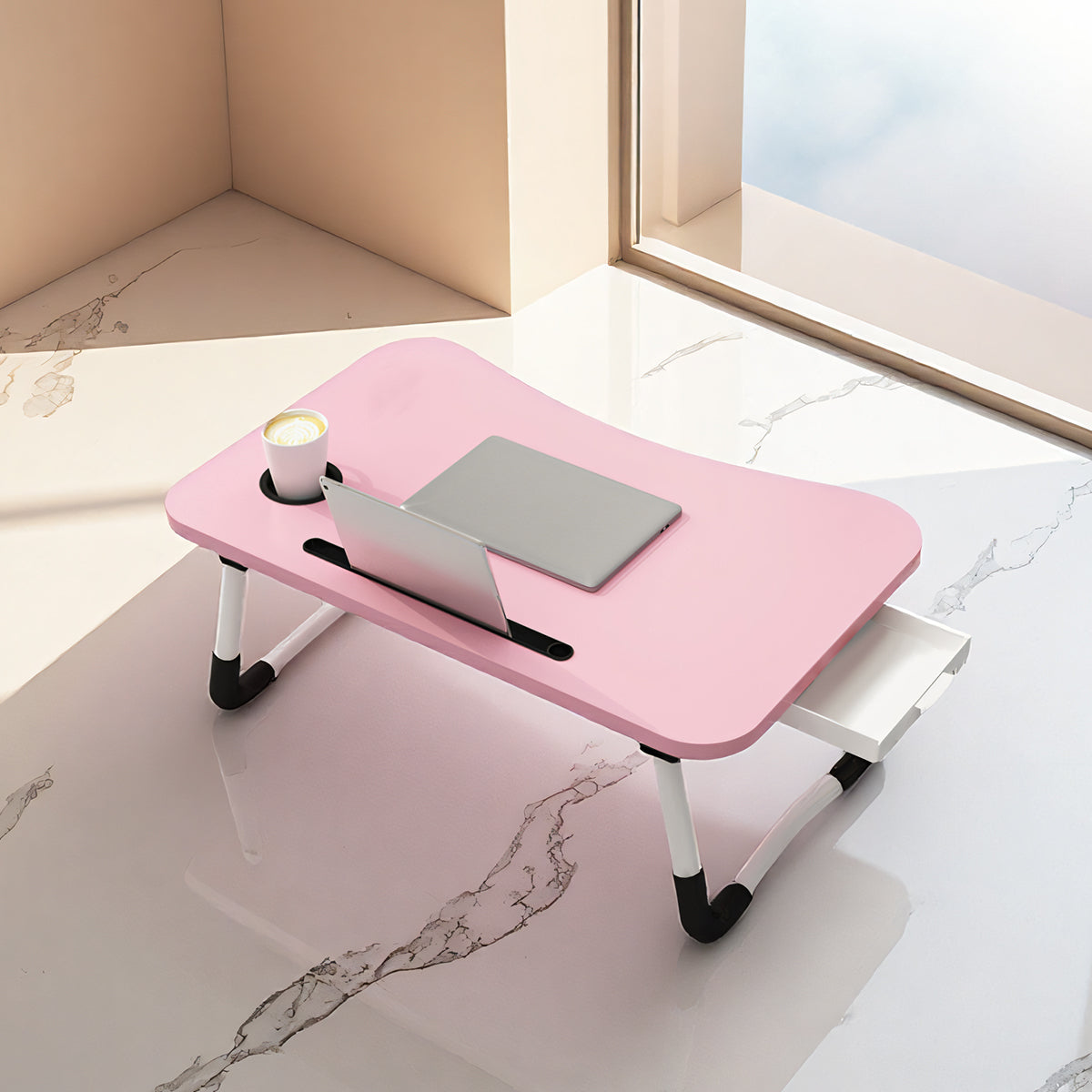 Pink Overbed Tray Table with W-Legs and Drawer