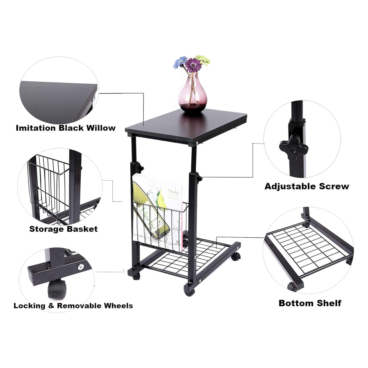 Rolling Side Table with Steel Frame and Basket