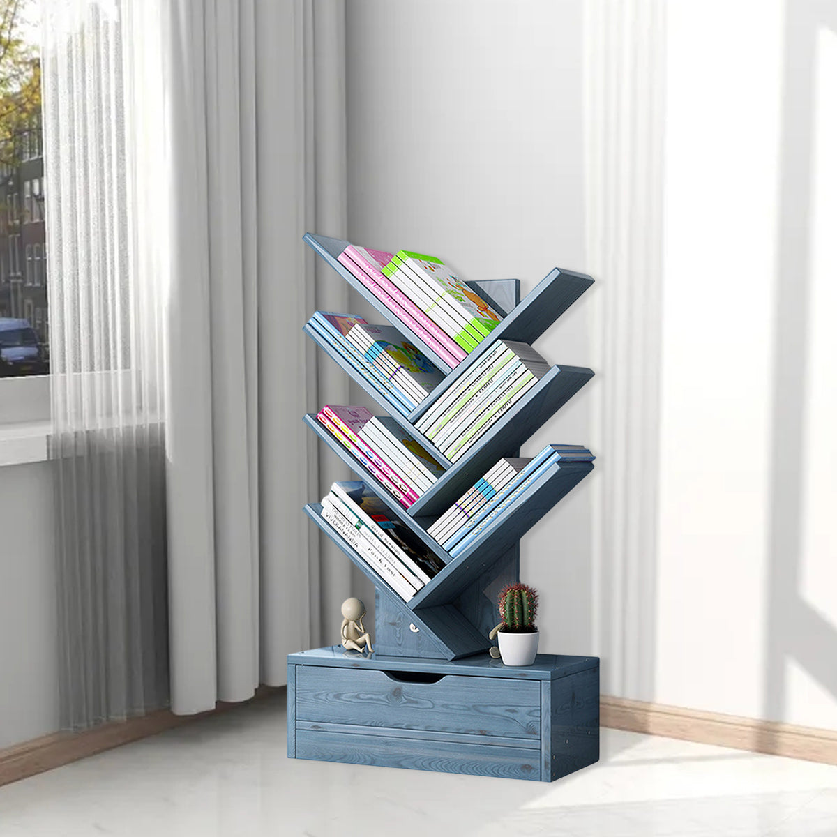 Tree-Shape Wood Bookcase with Slanted Shelves