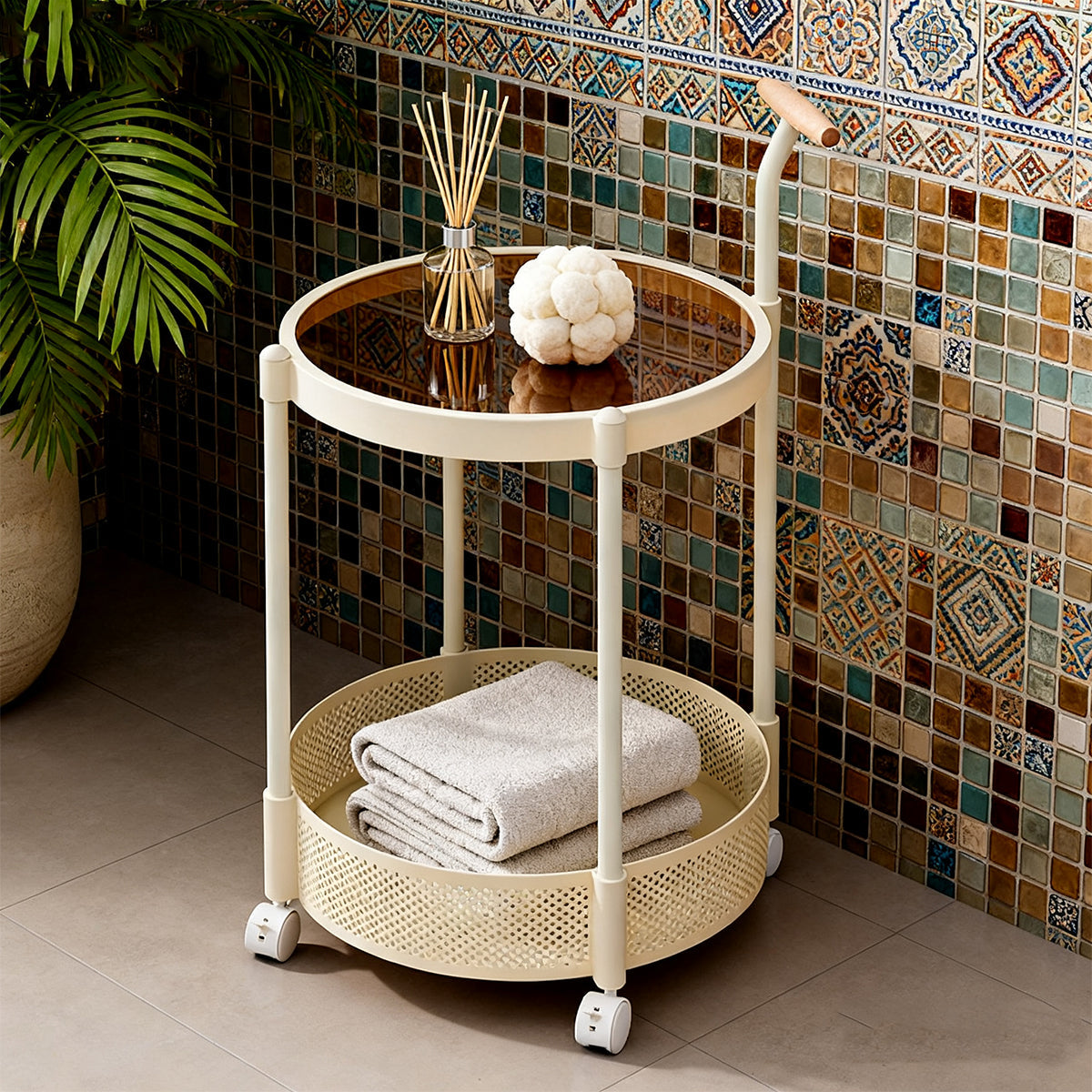 Glass Top Rolling Side Table with Mesh Lower Shelf