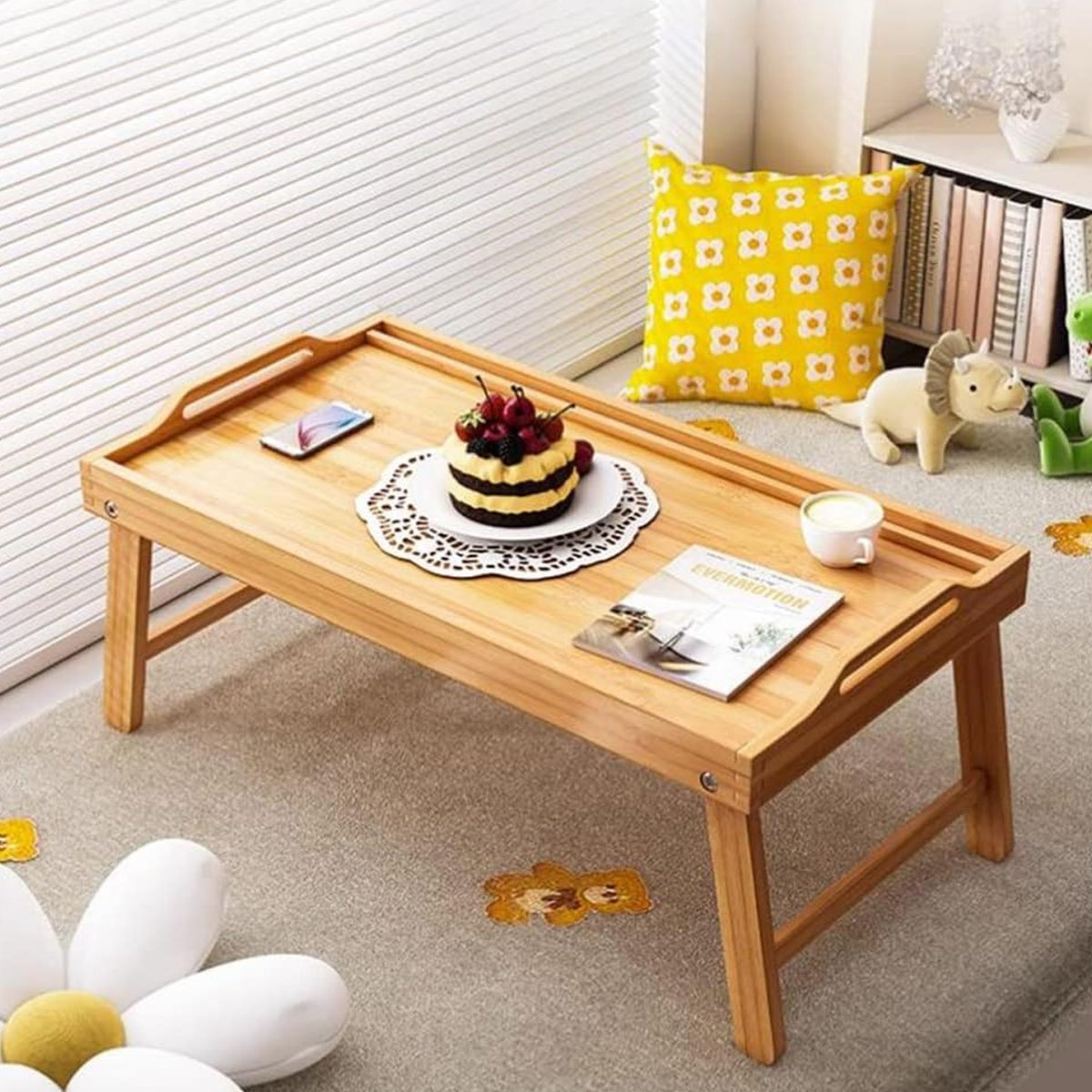 Bamboo Bed Tray Table with Legs and Card Slot