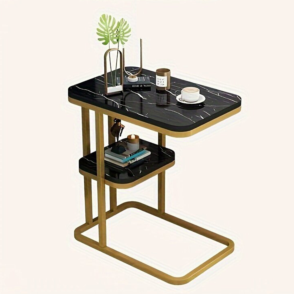 Two-Tier End Table with Marble Top Gold Frame
