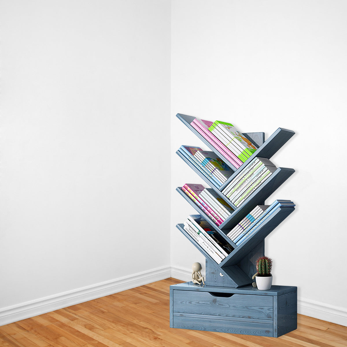 Tree-Shape Wood Bookcase with Slanted Shelves
