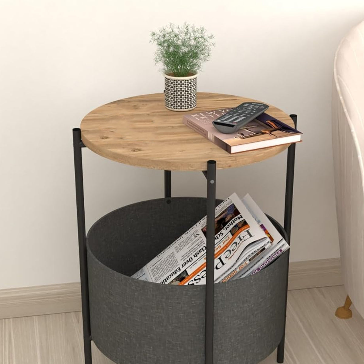 Round Side Table with Basket and Wood Top