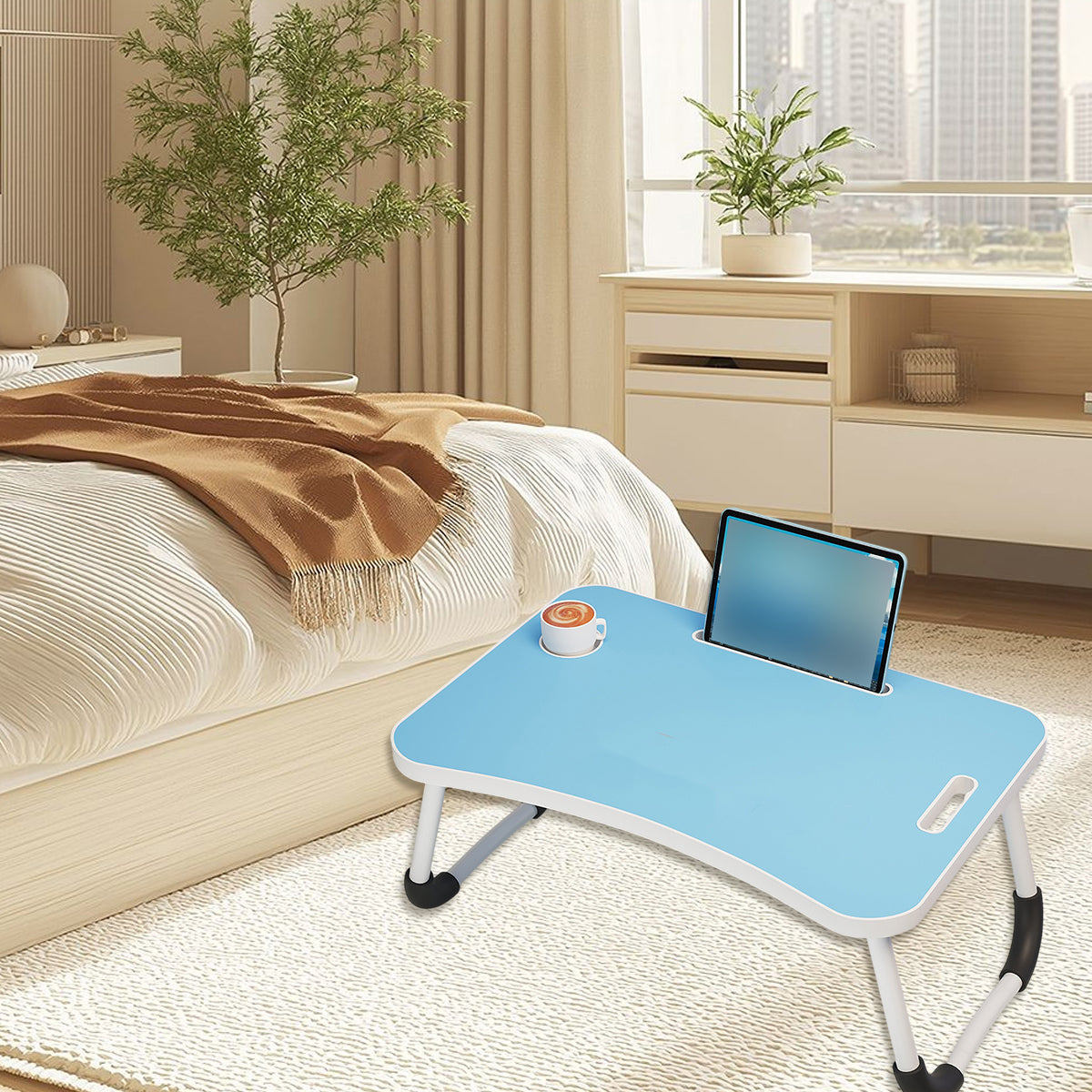 Folding Bed Tray in Blue with Device Slot
