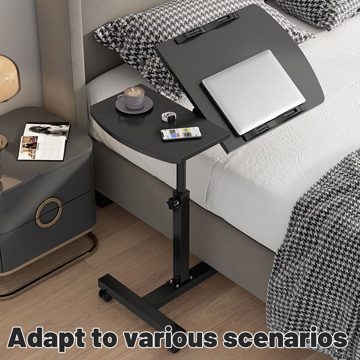 Rolling Bedside Tray Table with 90-Degree Top