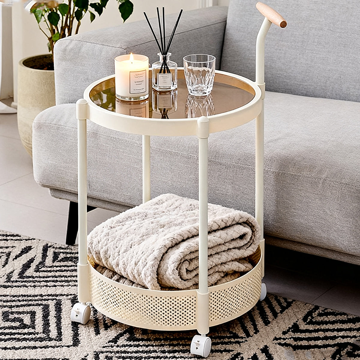 Glass Top Rolling Side Table with Mesh Lower Shelf