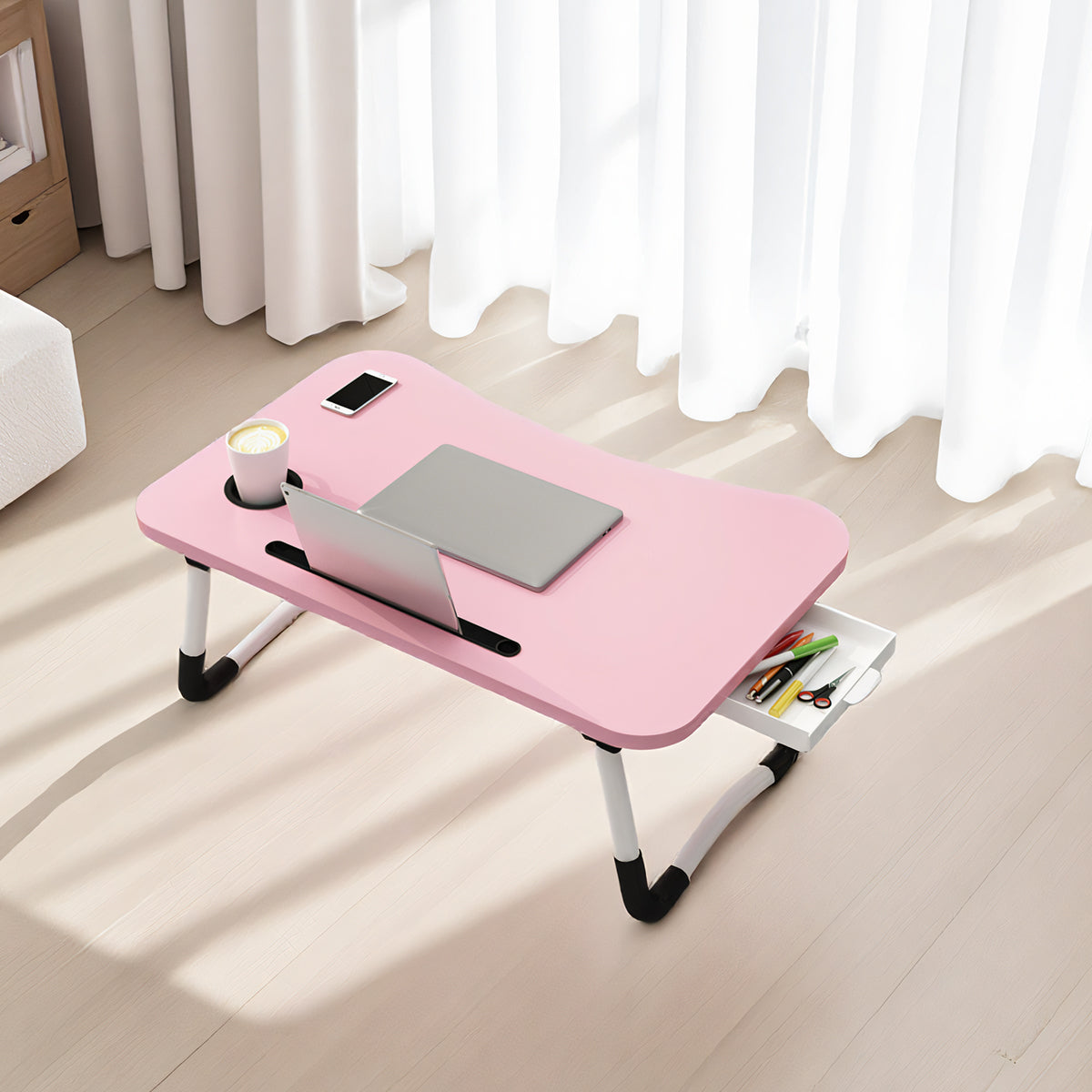 Pink Overbed Tray Table with W-Legs and Drawer