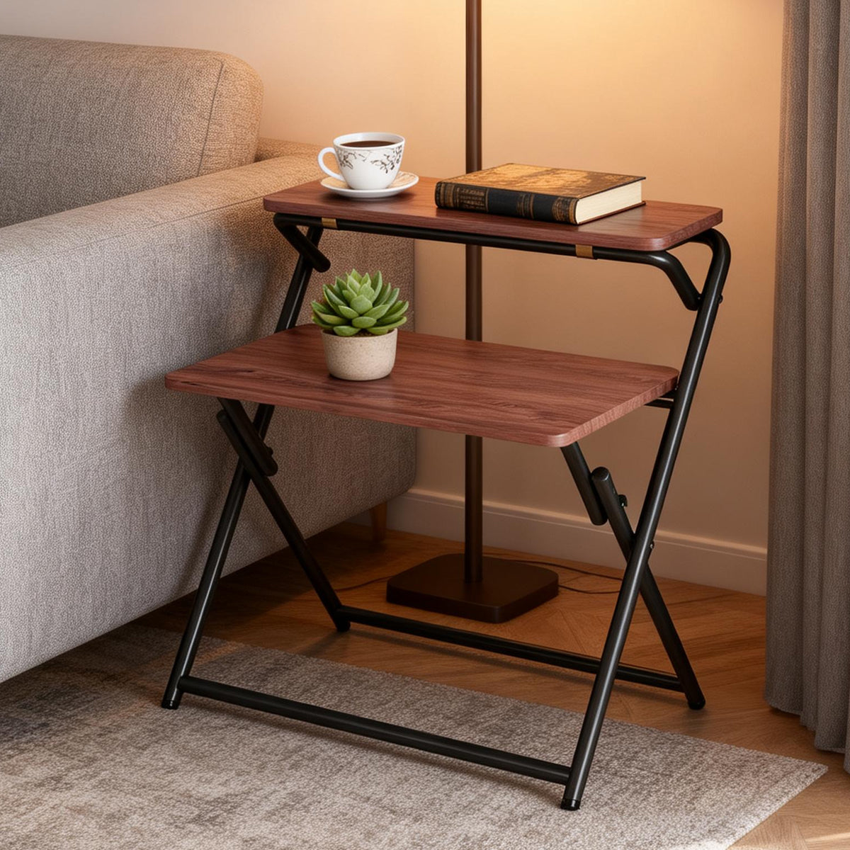 Folding Two-Tier Desk with Warm Wood Surface