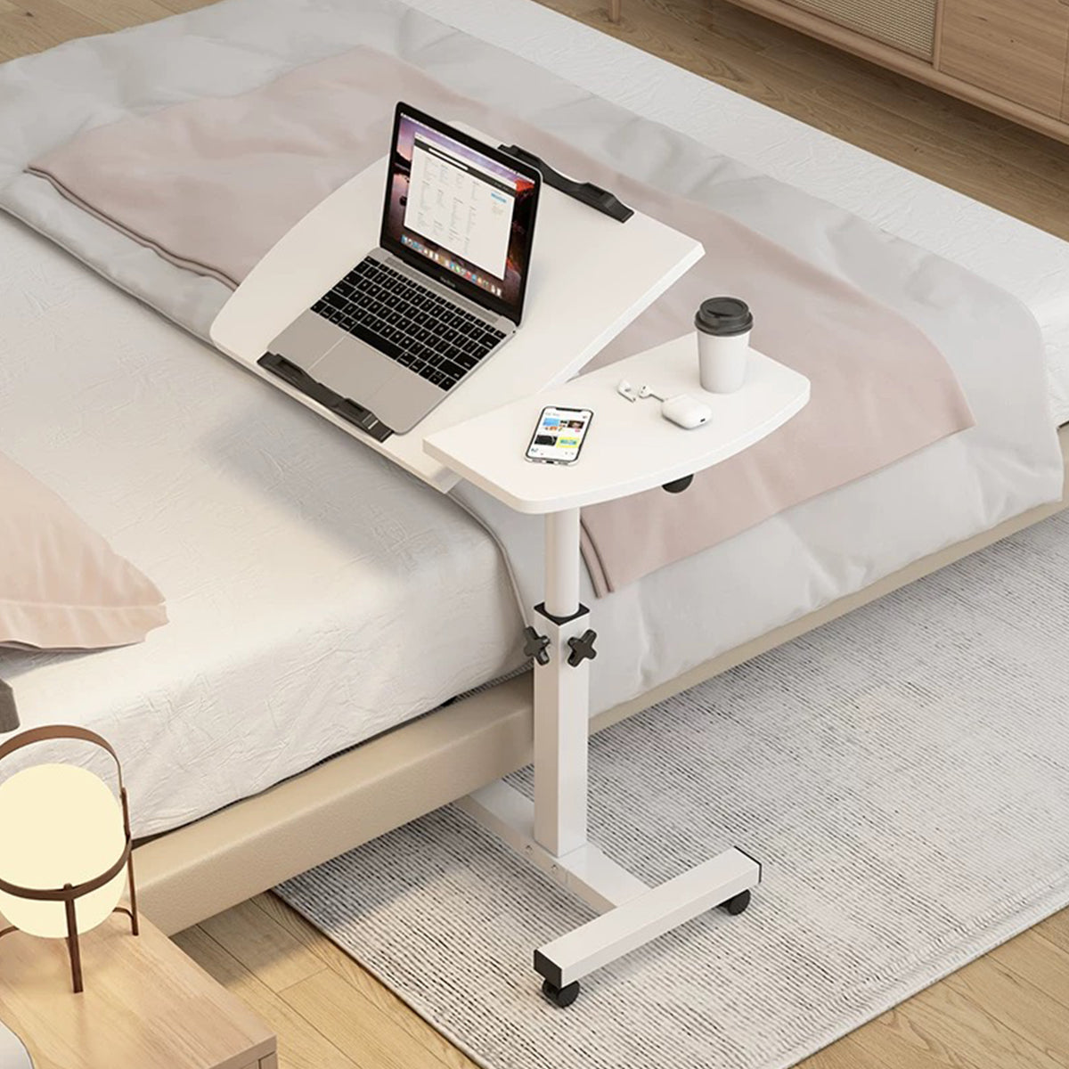 Rolling Bedside Tray with Tilt Top and Side Shelf