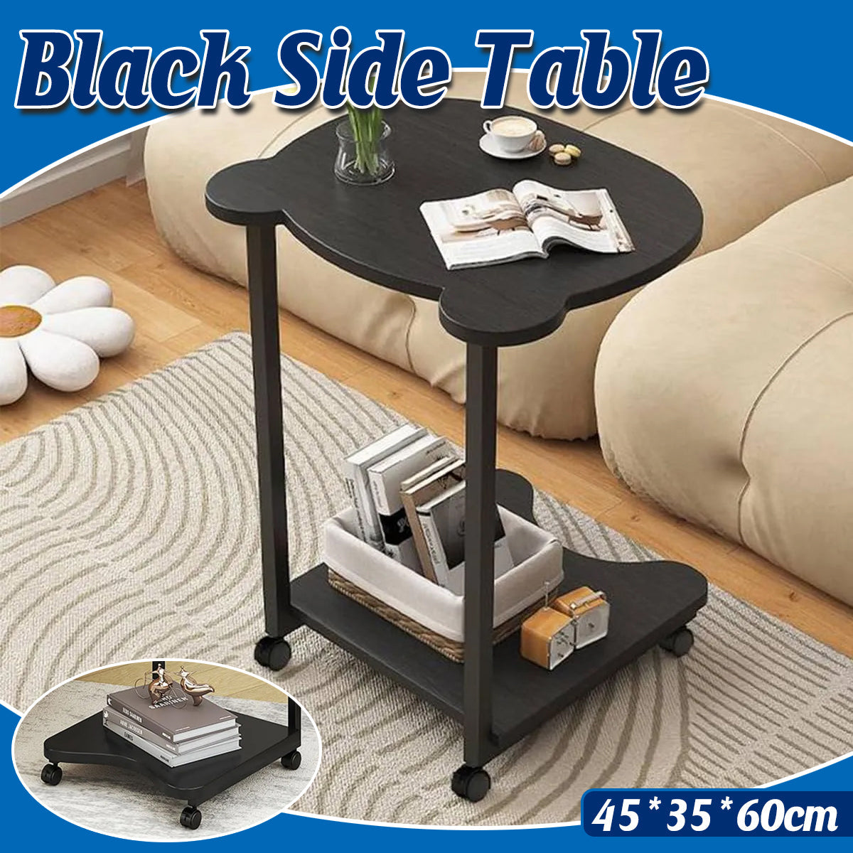 Black Curved Side Table with Two Tiers and Handles