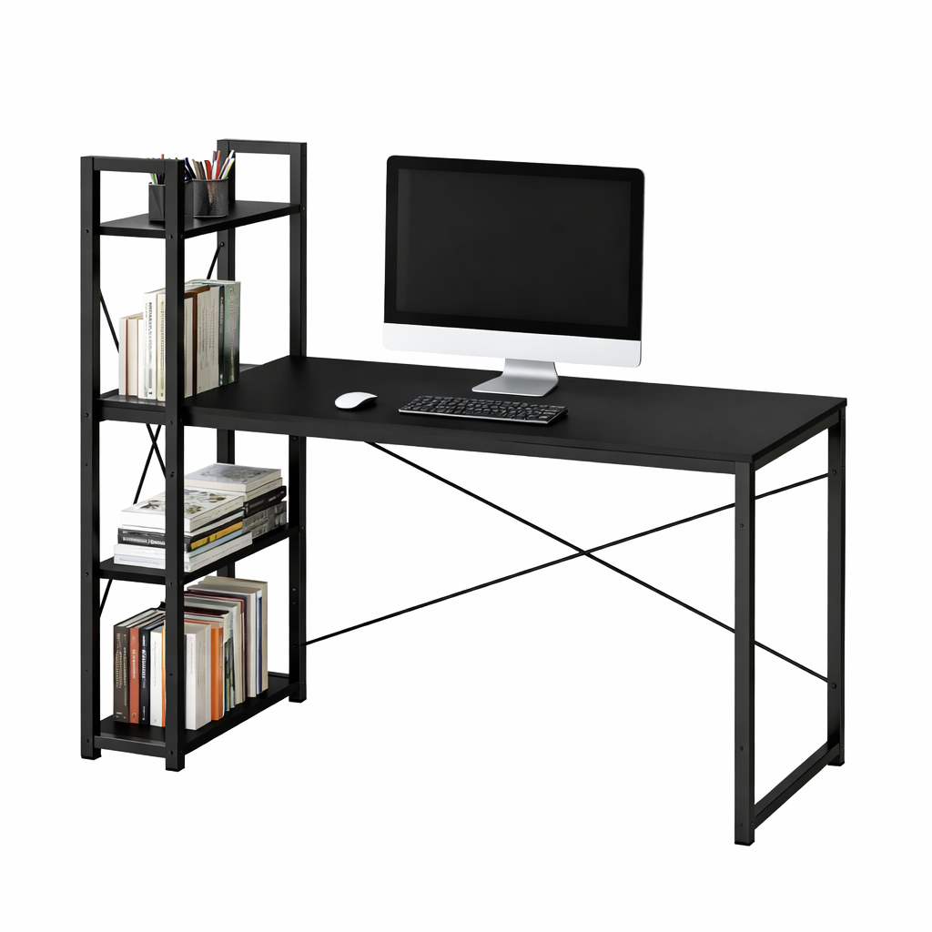 Black Study Desk 120x60x75cm with Side Shelves