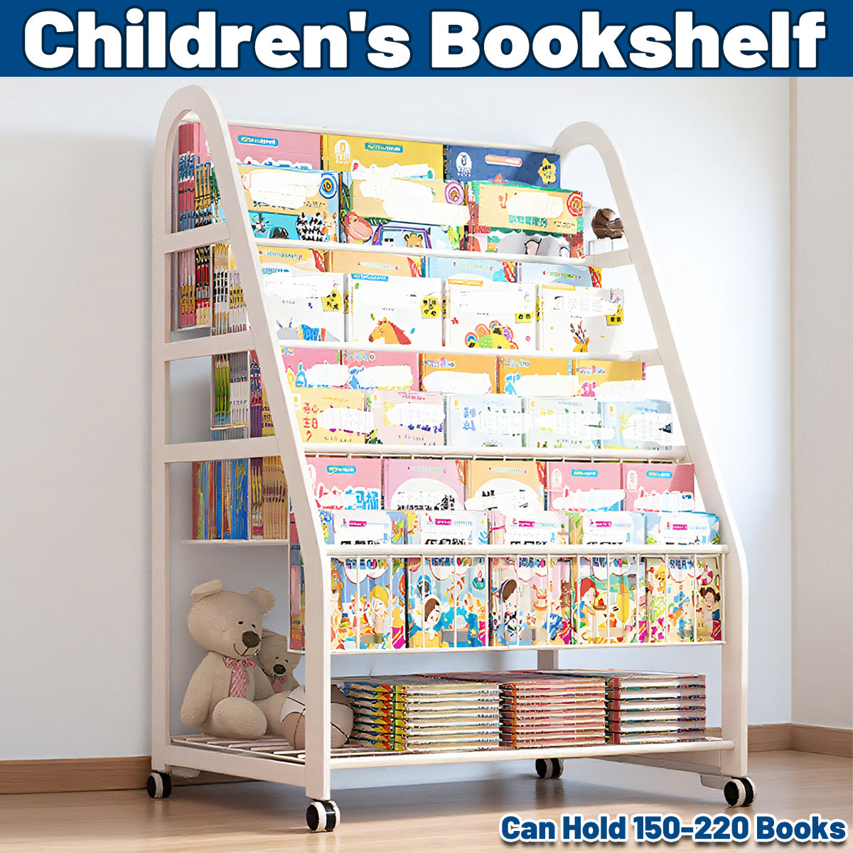 Kids Picture Book Cart in Wood with Snap Edges