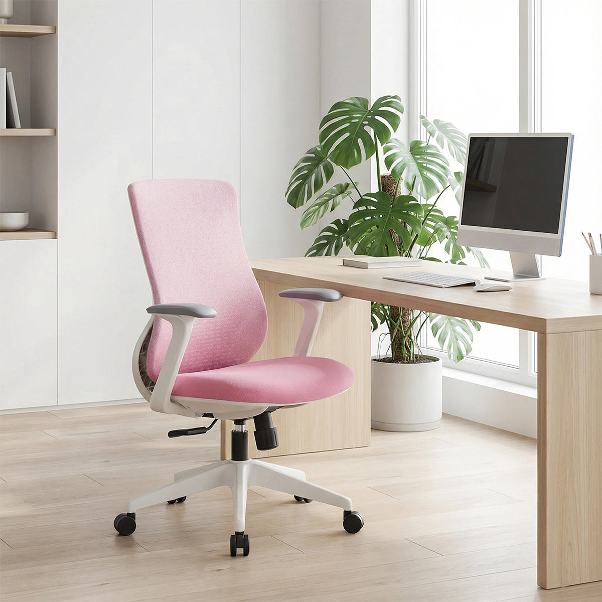 Pink Mesh Task Chair with Arms and Caster Base