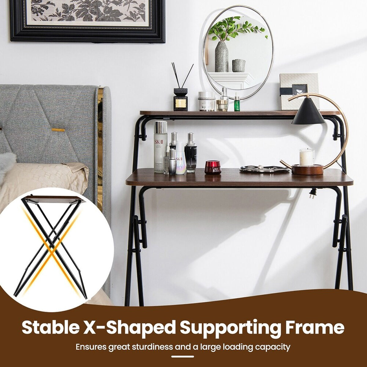 Folding X-Frame Desk with Waterproof Wood Top
