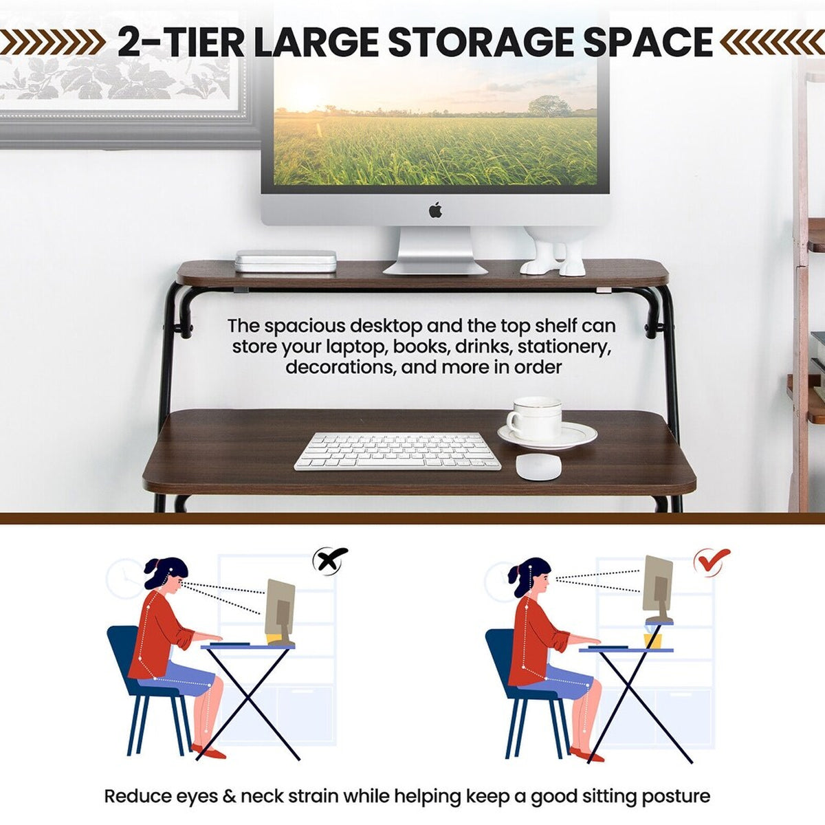 Folding Two-Tier Desk with Warm Wood Surface