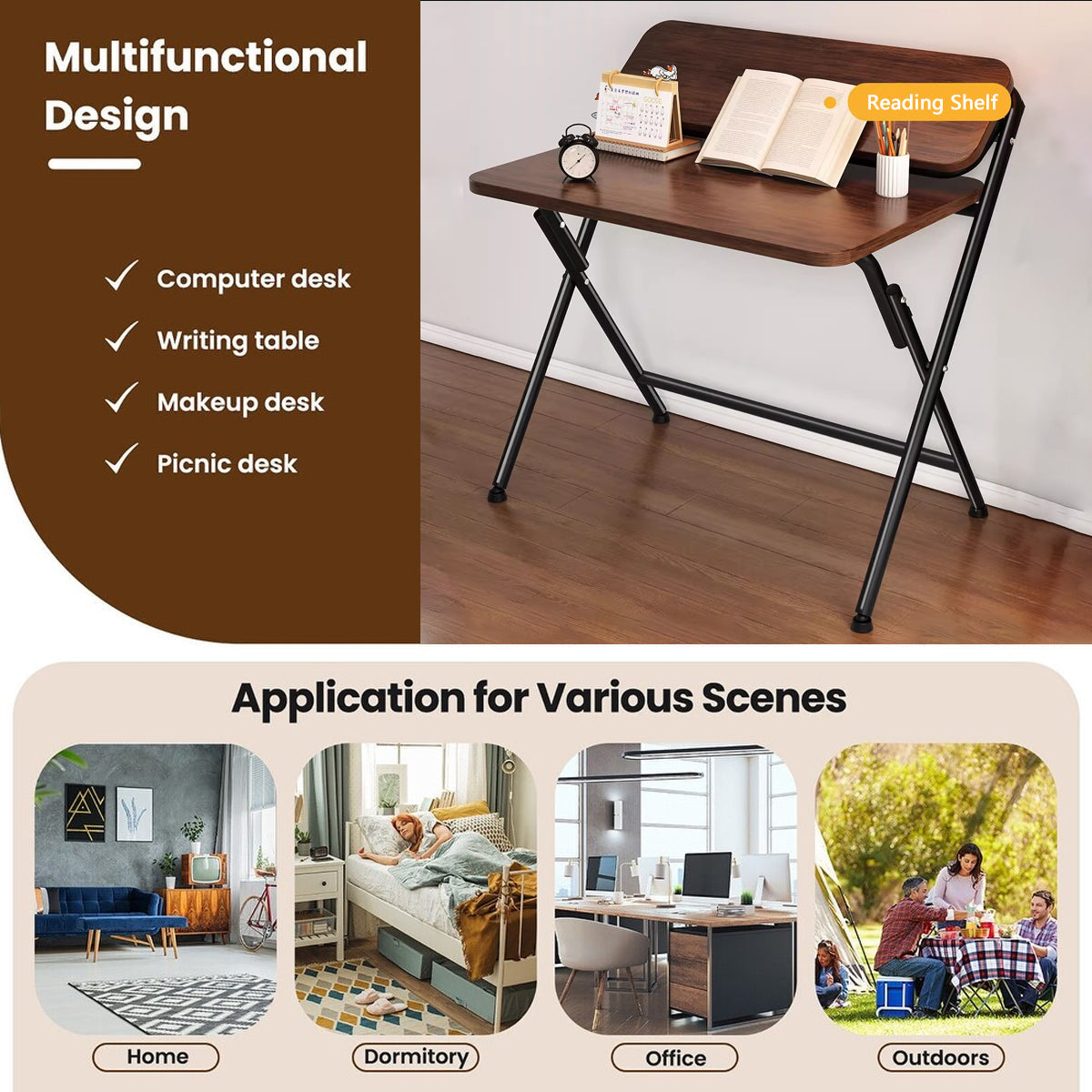 Folding X-Frame Desk with Waterproof Wood Top